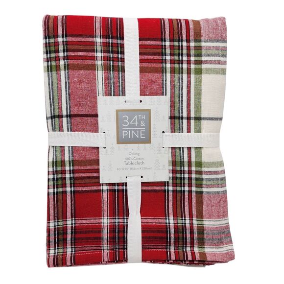 34Th & Pine Red Green Cream Tartan Plaid Cotton Tablecloth 60x90in Oblong NEW - Picture 1 of 8